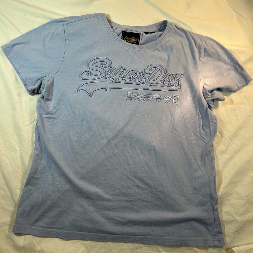 Superdry Light Blue Embroidered Logo‎ Crew Neck Graphic Tee Men's Medium